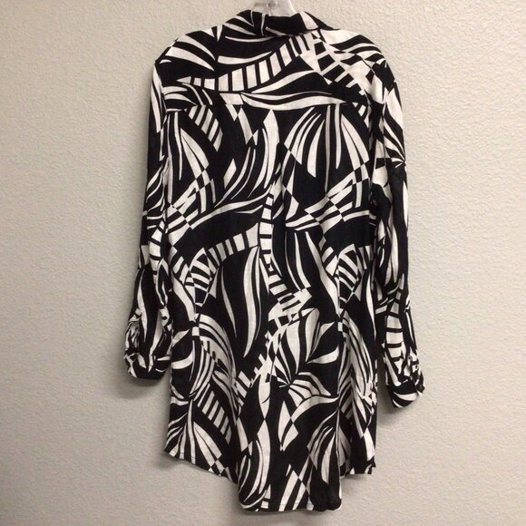 Tahari Shirt Womens Black White Print Linen Blend Button Up Blouse Top Sz Large - Picture 9 of 10